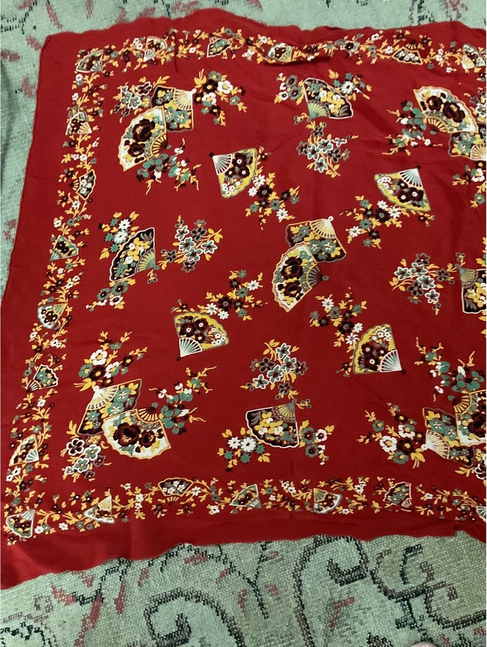 Vintage Sunny Crest Red Floral Fan Print Scarf